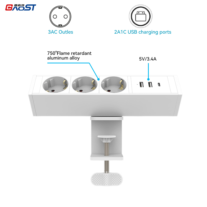 Desktop Clamp Power Strip with USB C,Aluminum Alloy Desk Clamp Power Strip with 3 Outlets, PD20W USB charging with 1.8Meter Cord