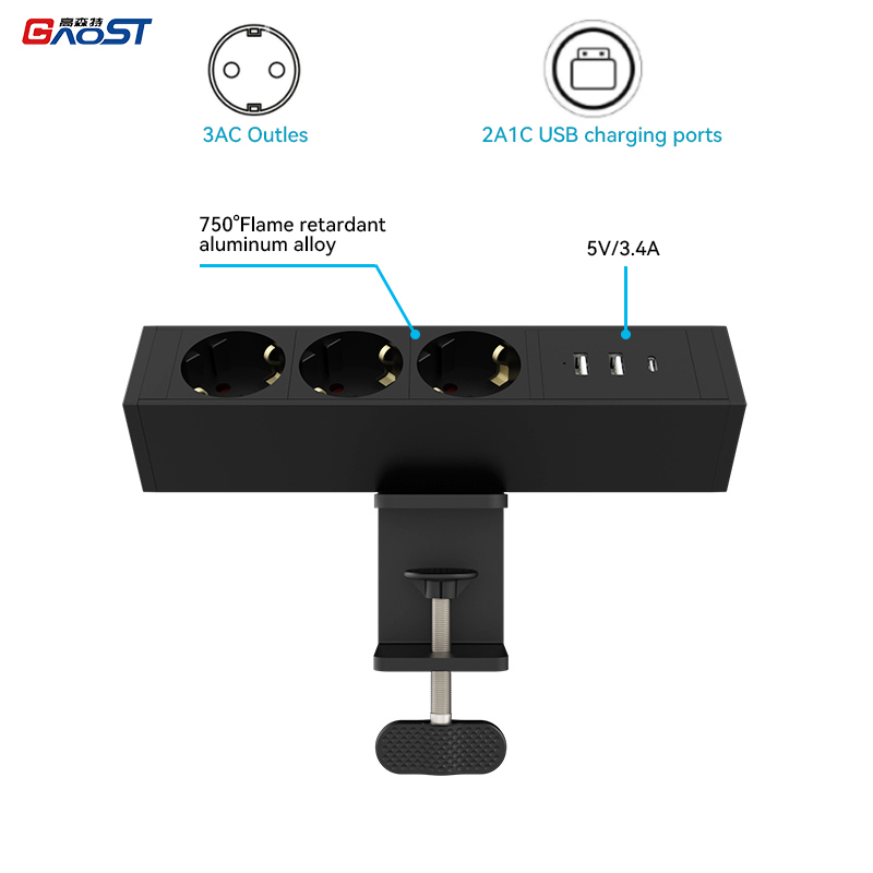 Desktop Clamp Power Strip with USB C,Aluminum Alloy Desk Clamp Power Strip with 3 Outlets, PD20W USB charging with 1.8meter power Cord