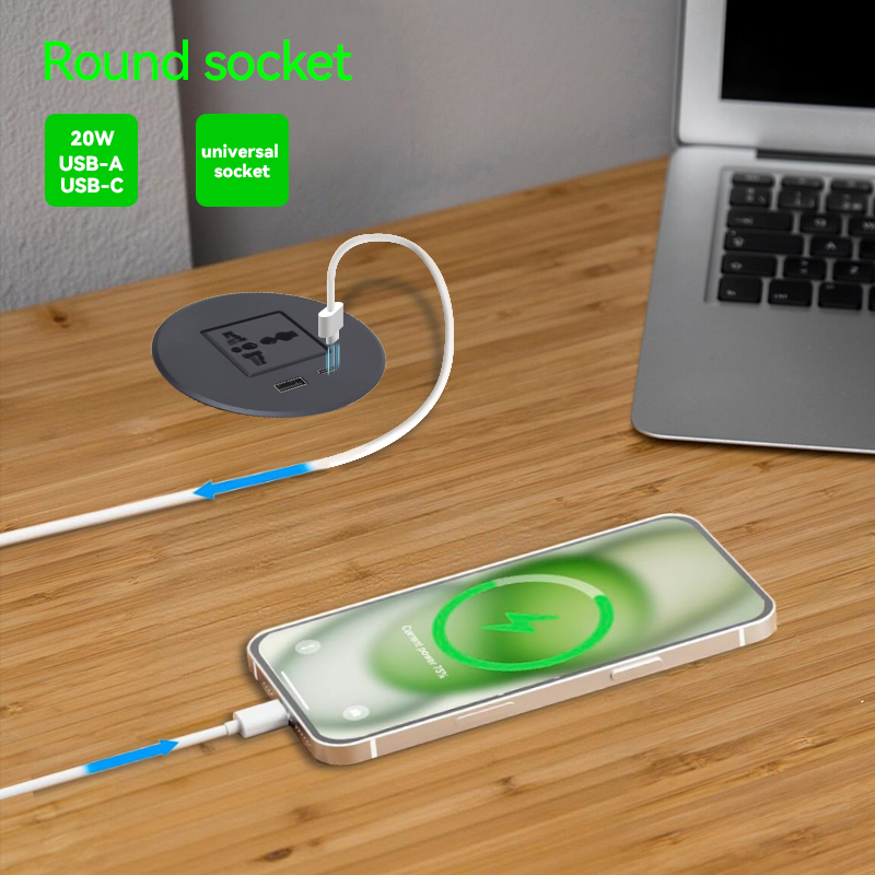 Alloy desk power grommet with universal socket PD20W USB charging hole 80mm, matte black