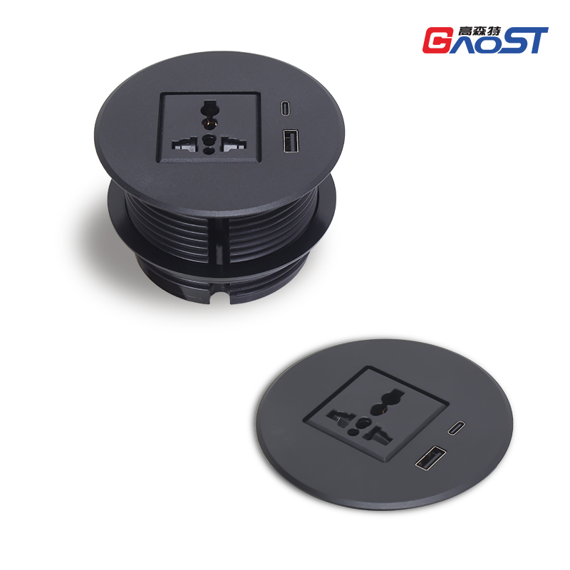 Alloy desk power grommet with universal socket PD20W USB charging hole 80mm, matte black