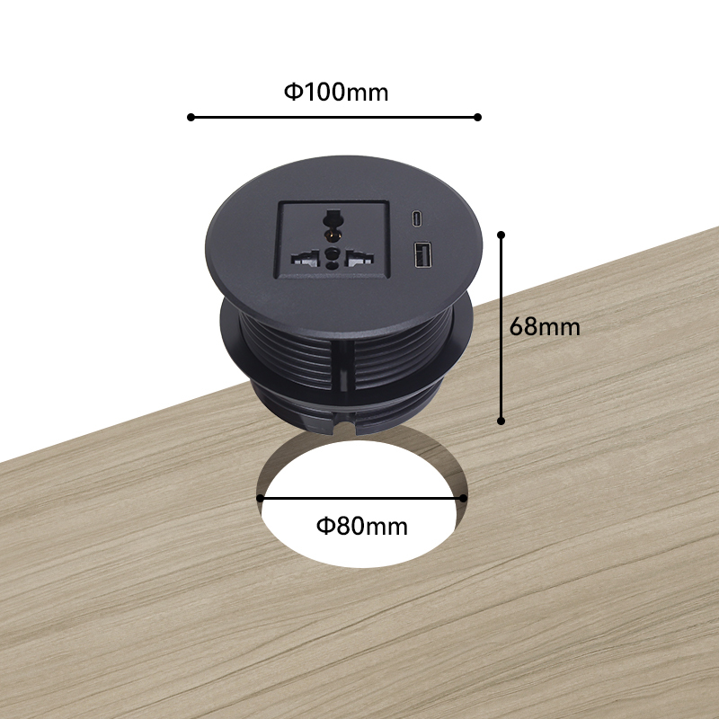 Alloy desk power grommet with universal socket PD20W USB charging hole 80mm, matte black