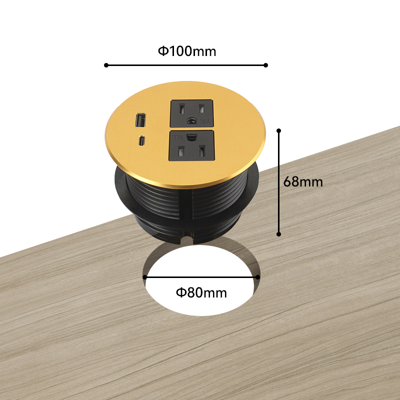 Alloy brown desk power grommet with type B power socket PD20W USB charging hole 80mm, brushed golden
