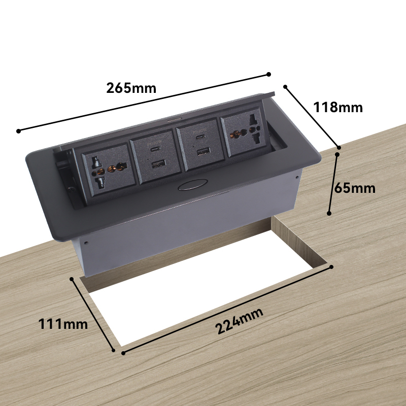Hidden pop up table socket with 2 universal power,2 group of USBA+C charging,black