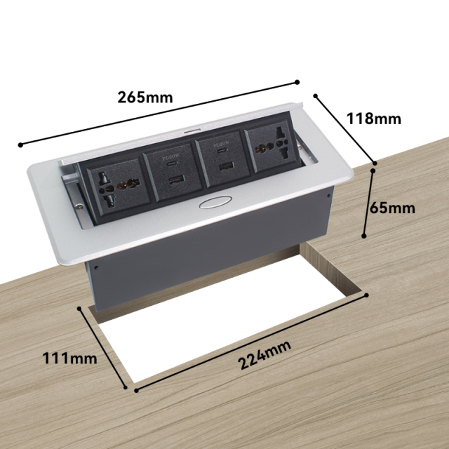 Hidden pop up table socket with 2 universal power,2 group of USBA+C charging,silver