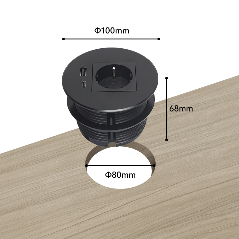 Alloy desk power grommet with type F Schulo socket PD20W USB charging hole 80mm, matte black