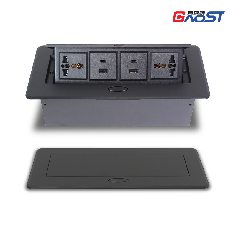 Hidden pop up table socket with 2 universal power,2 group of USBA+C charging,black