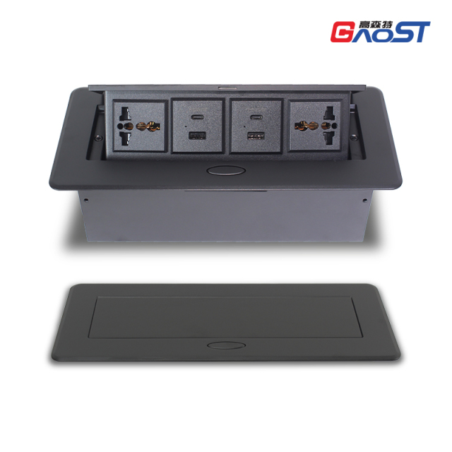 Hidden pop up table socket with 2 universal power,2 group of USBA+C charging,black