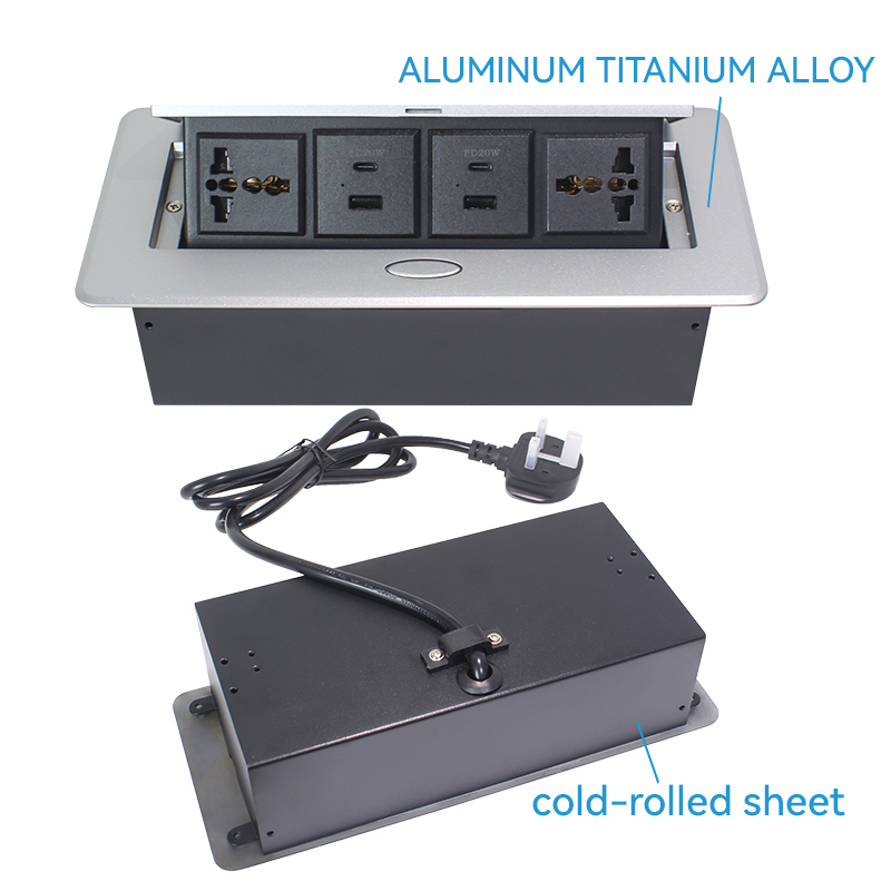 Hidden pop up table socket with 2 universal power,2 group of USBA+C charging,silver