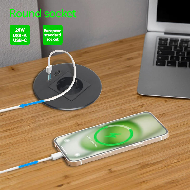 Alloy desk power grommet with type F Schulo socket PD20W USB charging hole 80mm, matte black