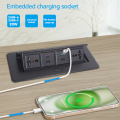Hidden pop up table socket with 2 universal power,2 group of USBA+C charging,black