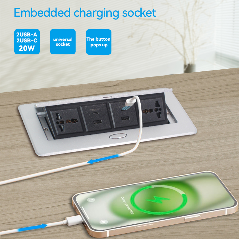 Hidden pop up table socket with 2 universal power,2 group of USBA+C charging,silver