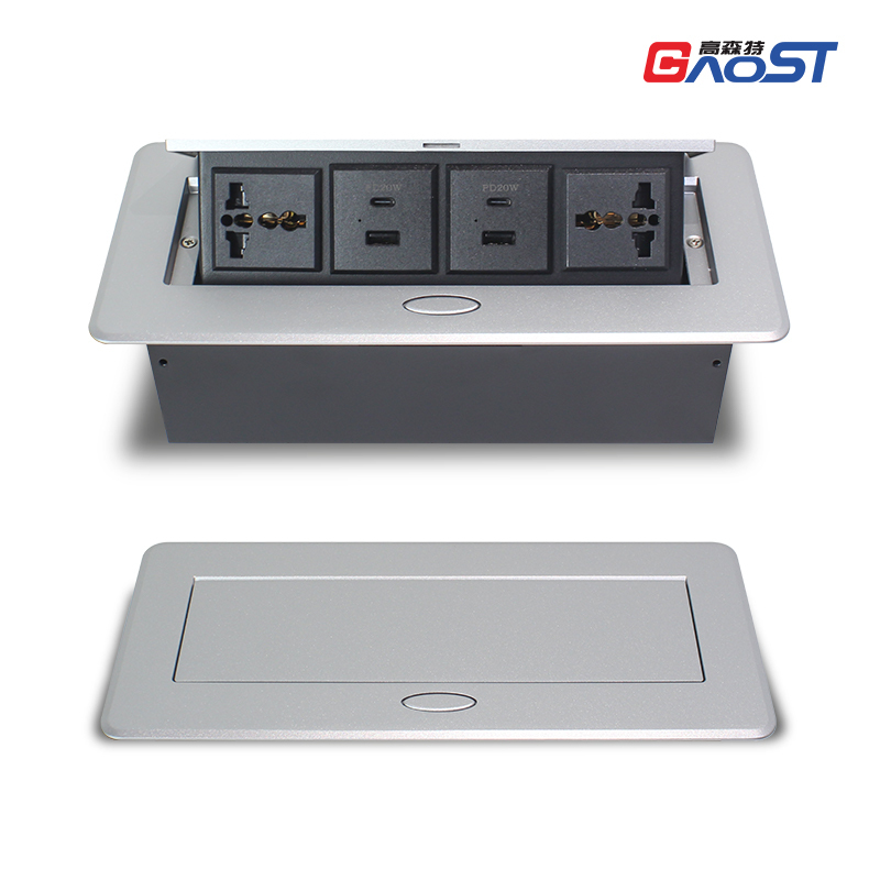 Hidden pop up table socket with 2 universal power,2 group of USBA+C charging,silver