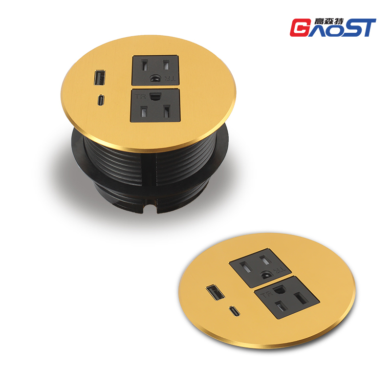 Alloy brown desk power grommet with type B power socket PD20W USB charging hole 80mm, brushed golden