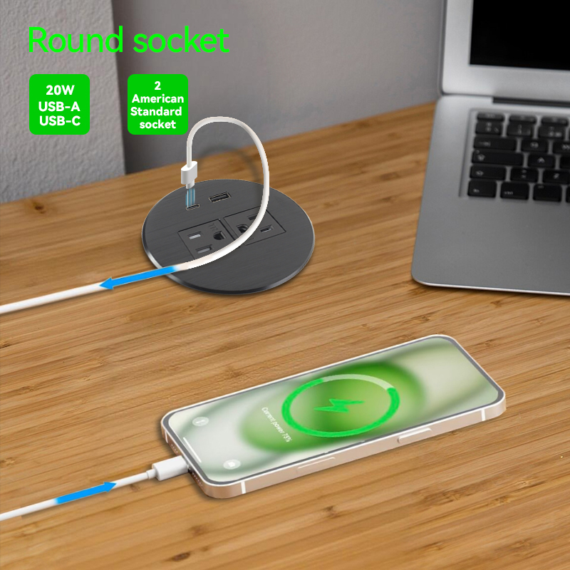 Round Desk power outlet UL certified alloy material PD20W charging 80mm hole safe power cord
