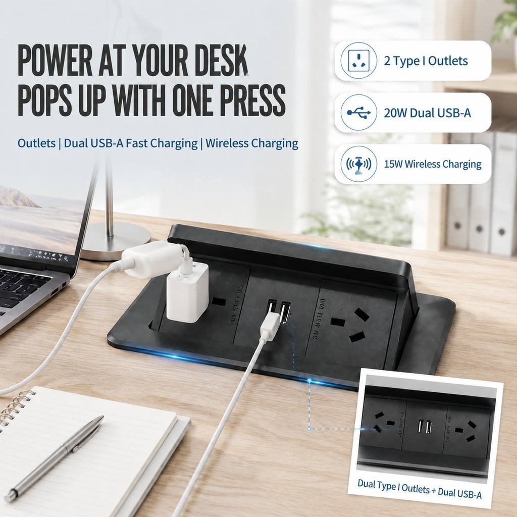 Gaost au standard flush mounting electric office safety SAA ABS pop up socket with 15 w wireless charger