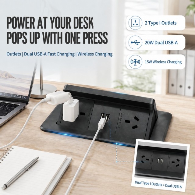 Gaost au standard flush mounting electric office safety SAA ABS pop up socket with 15 w wireless charger