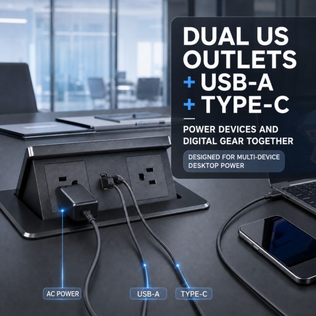 Wholesale Desktop Pop Up Power Socket With Wireless Charging 2 US AC Outlets 1 USB-A&C Charging Suitable For Most Furniture