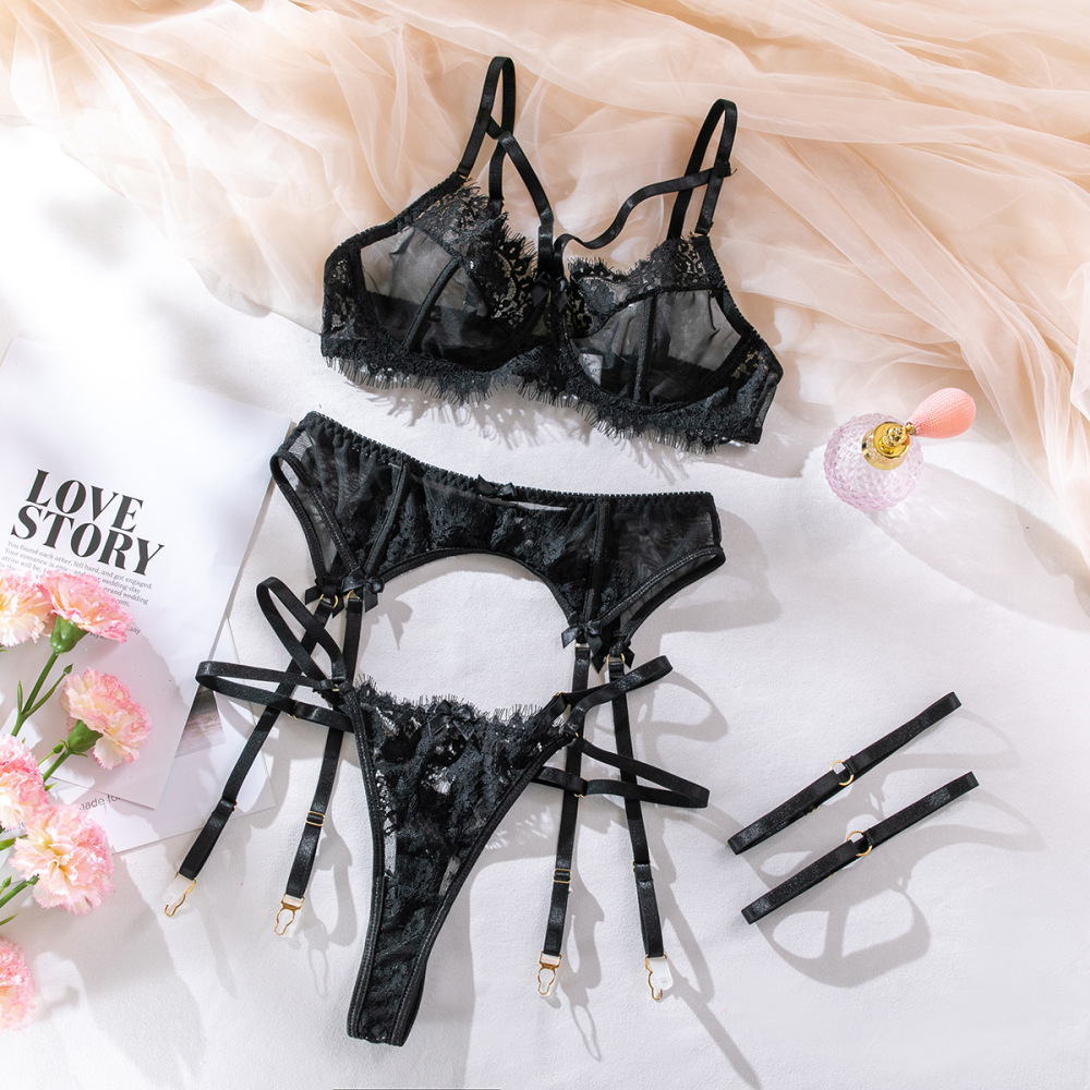 Lace Sheer 4‑Piece Lingerie Set, Strappy Garter Belt Lingerie Outfit for Women