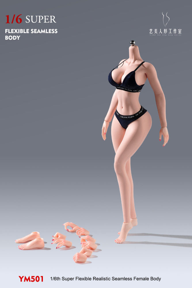 1/6 Scale Female Body 12inch Super Flexible Seamless Female Figure Body with Detachable Feet Pale Skin Large Bust Miniature Action Figure Doll