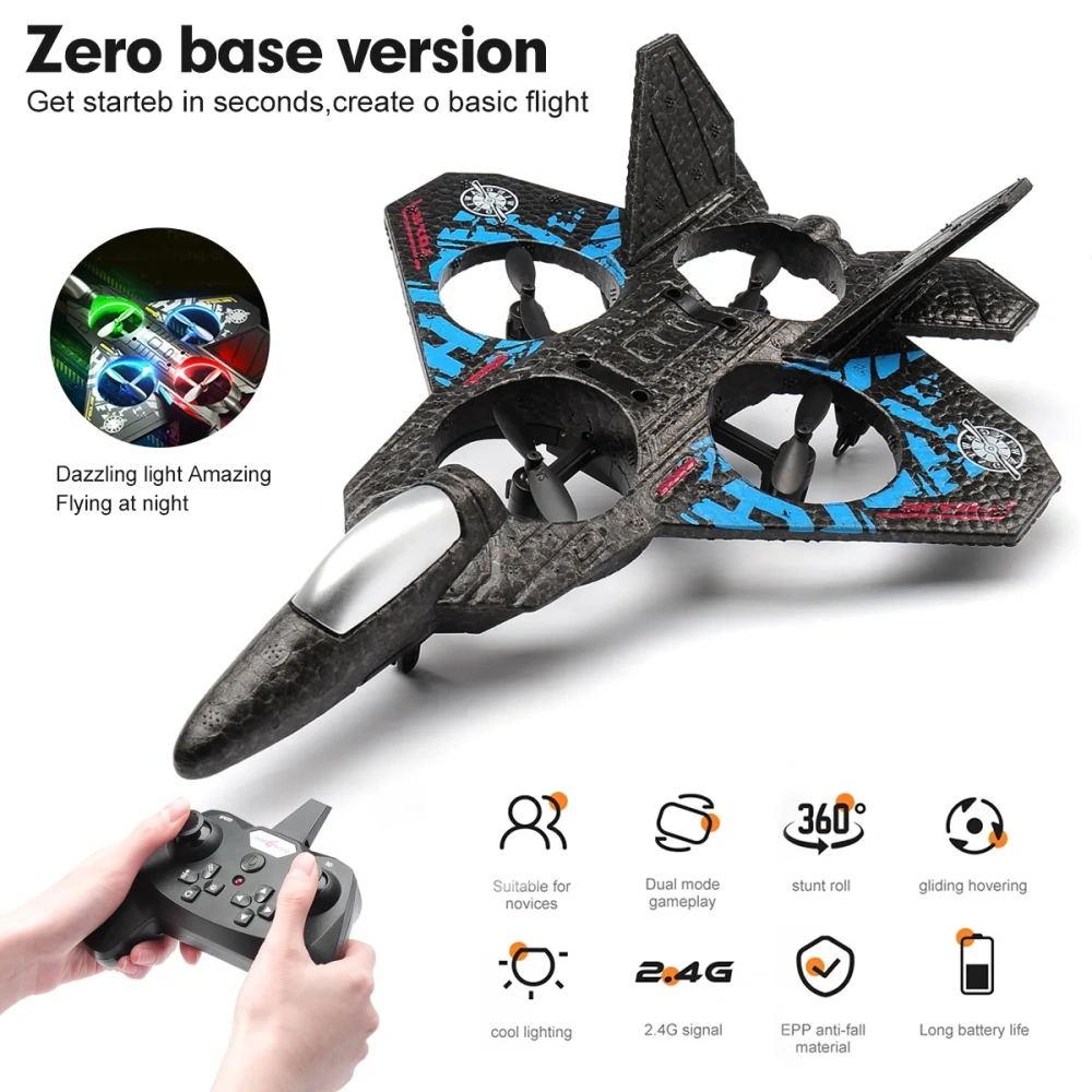 0712 RC Aircraft 2.4G Foam Stunt RC Glider With LED Lights 360 Rotation One-Key Takeoff  Fighter Airplane Toys