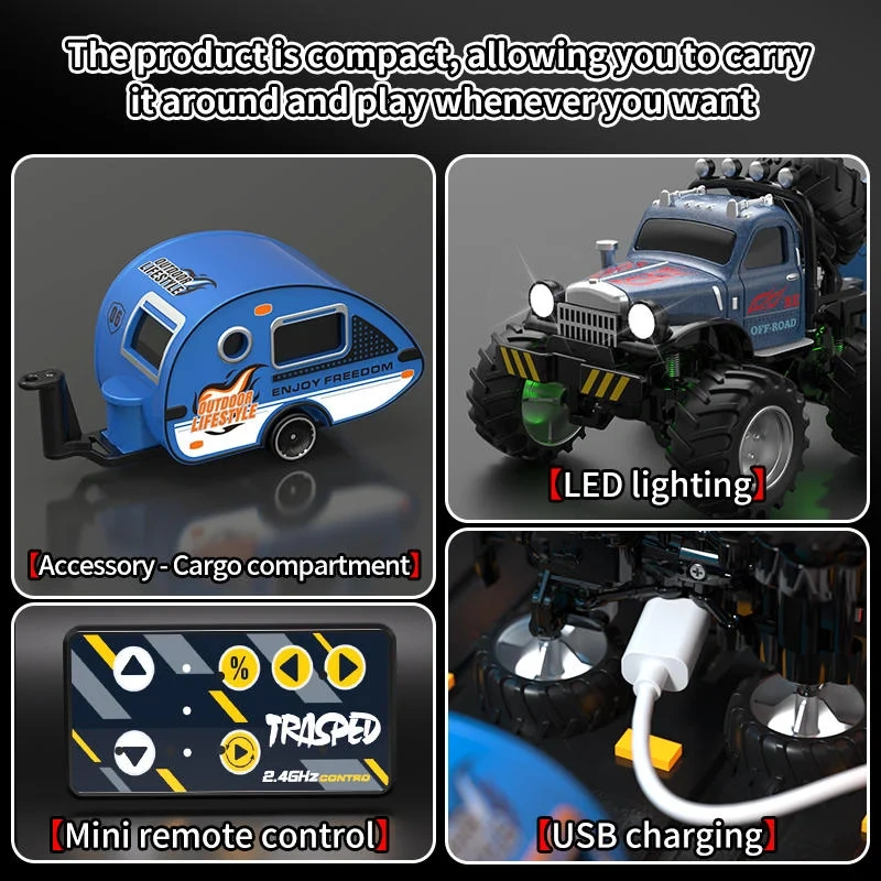 1:64 RC Truck With Trailer 2.4G High Speed Remote Control Multifunctional Mini Climbing Car Electric Vehicle Toy for Kids Toys
