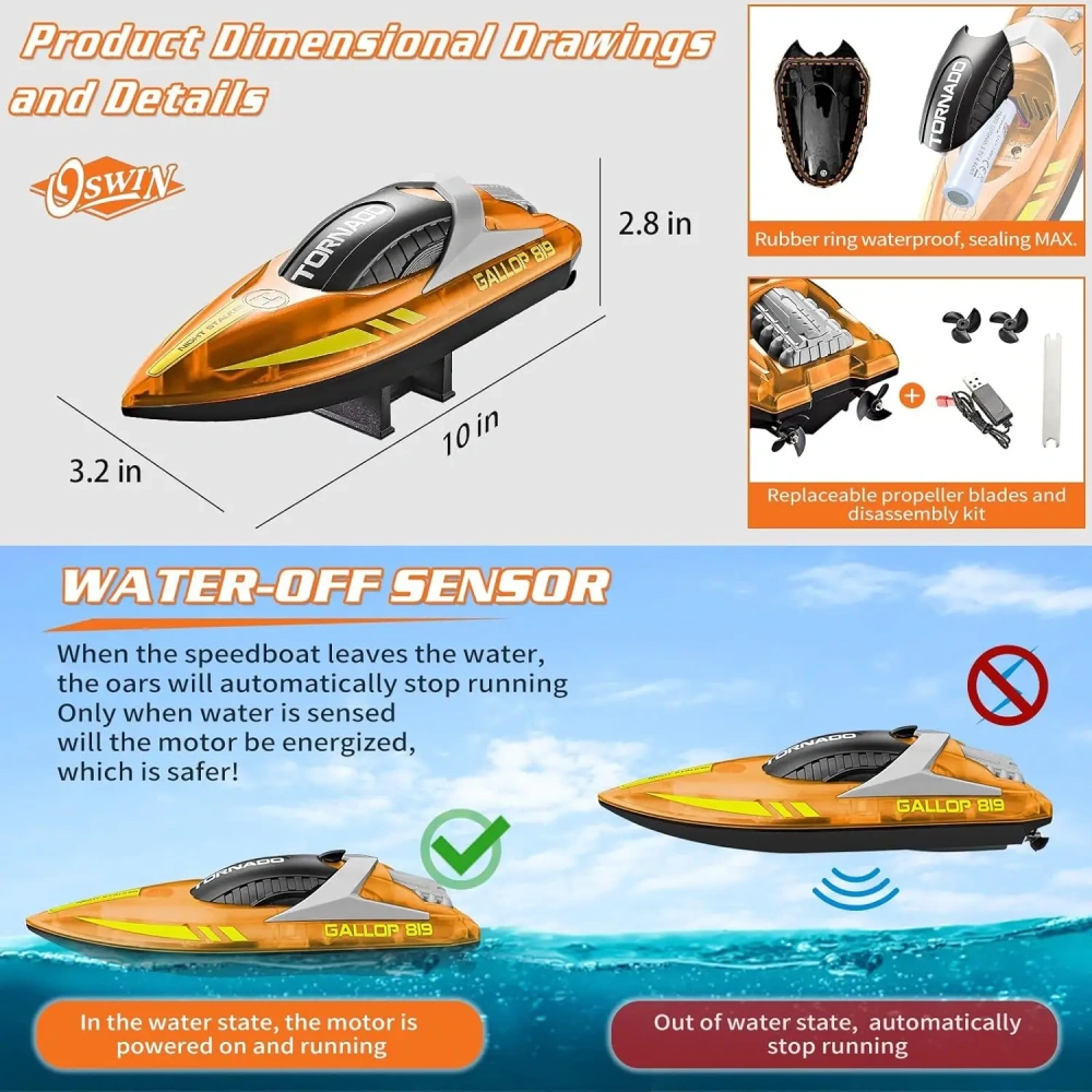 HJ819 RC Boat 2.4Ghz 15km/h Remote Control High-Speed Racing Waterproof Electric Ship Water Speed Boat Children Model Toy