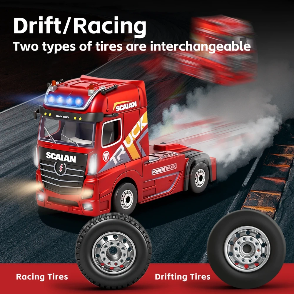 1:64 RC Truck With Container 2.4G 4WD RC Tractor Trailer With Lights Mini RC Drift Truck Detachable Truck Head & 3 Speed Adjust