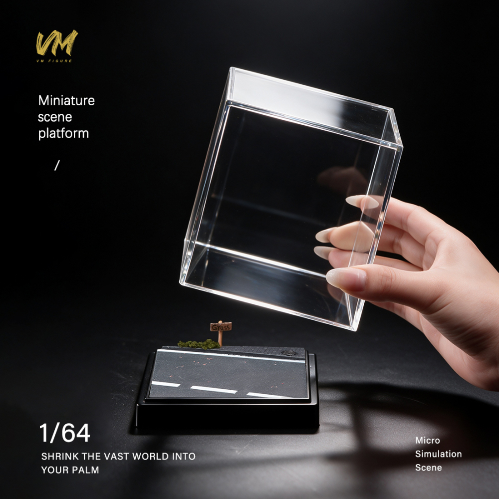 10cm Square Highway Scene Platform with Dust Cover Display Box Model Suitable For 1/64 Cars Mini Figure Dolls Miniature Display