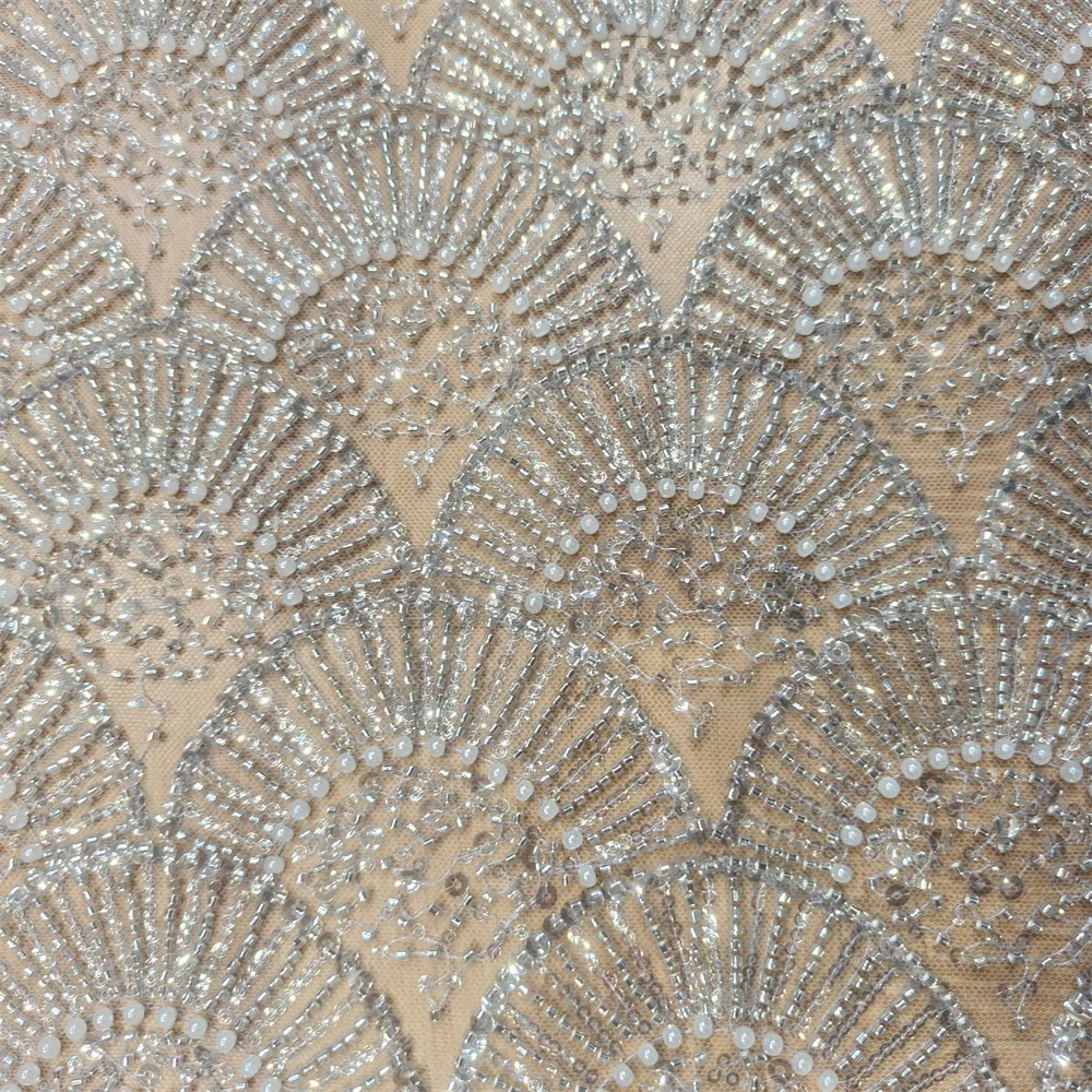 Handmade Heavyweight Fan-Shaped Fringed Bead Embroidery Net Lace with Sequins for Wedding Or Party Dress Hot-Selling Model