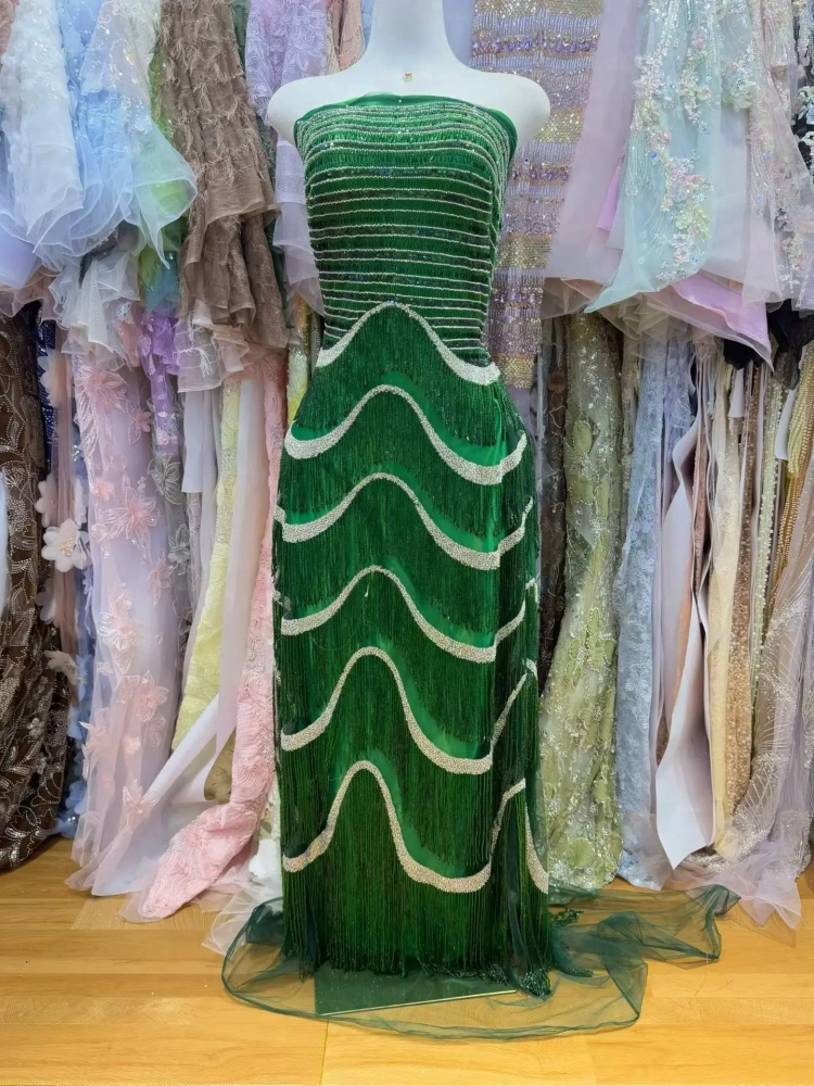 Green Tassels Handmade Embroidered Net Lace with Beads And Sequins High Quality Fabric for Party Evening Dress