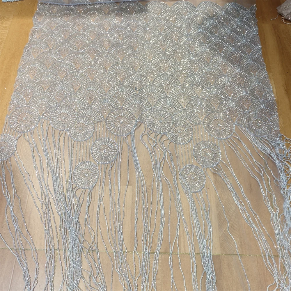 Handmade Heavyweight Fan-Shaped Fringed Bead Embroidery Net Lace with Sequins for Wedding Or Party Dress Hot-Selling Model