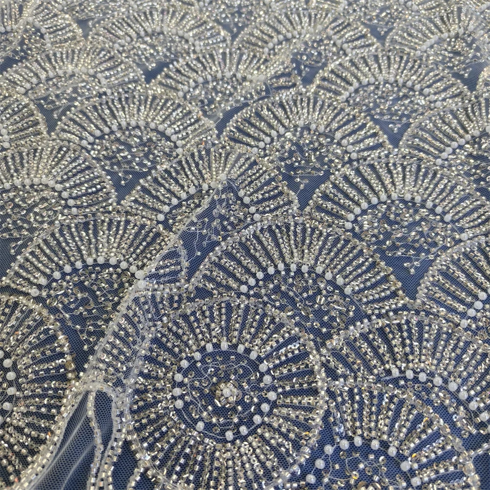 Handmade Heavyweight Fan-Shaped Fringed Bead Embroidery Net Lace with Sequins for Wedding Or Party Dress Hot-Selling Model