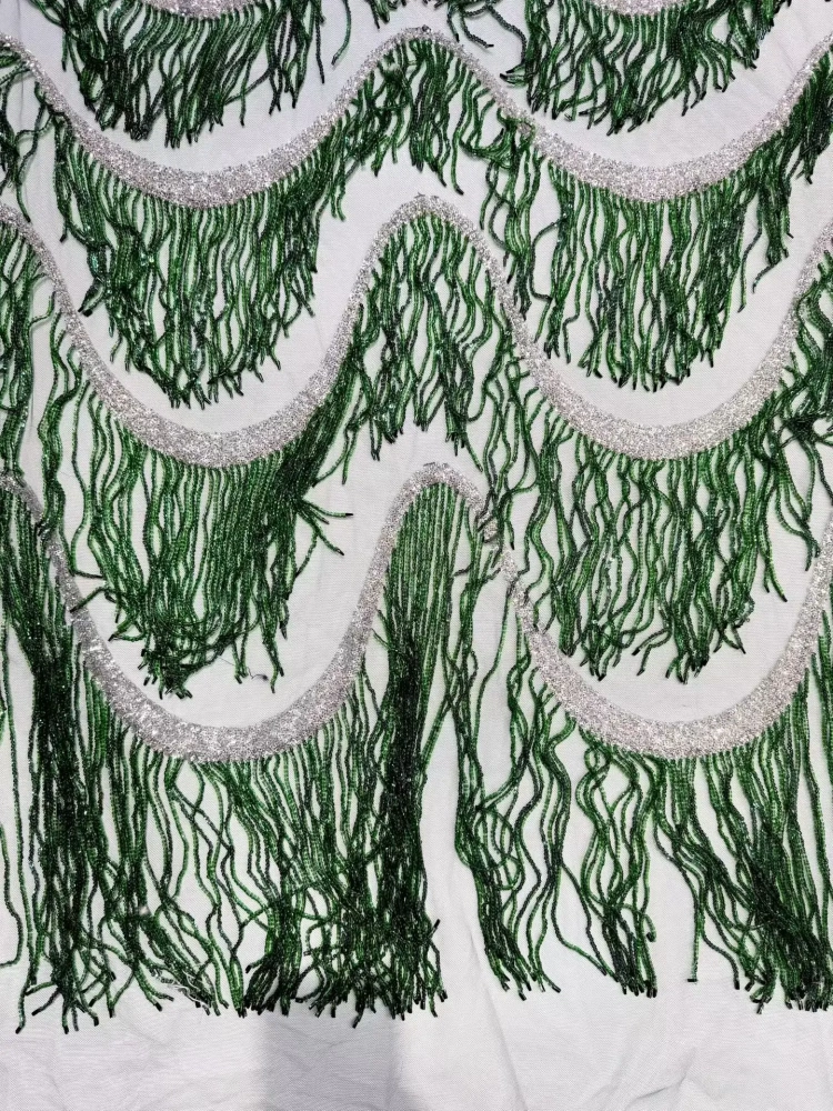 Green Tassels Handmade Embroidered Net Lace with Beads And Sequins High Quality Fabric for Party Evening Dress