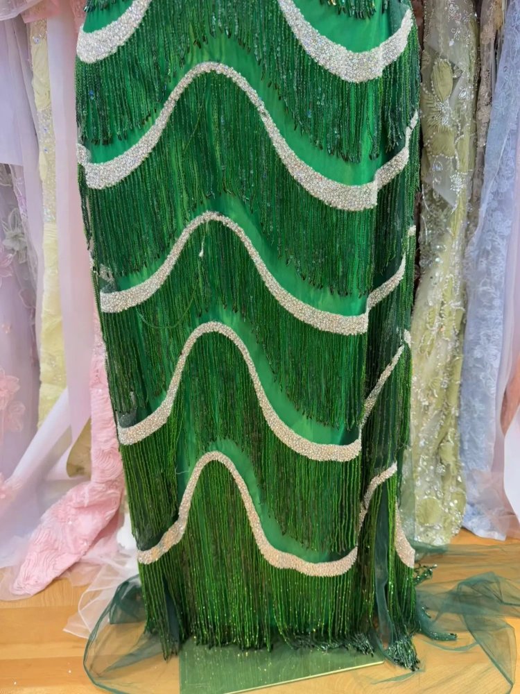 Green Tassels Handmade Embroidered Net Lace with Beads And Sequins High Quality Fabric for Party Evening Dress