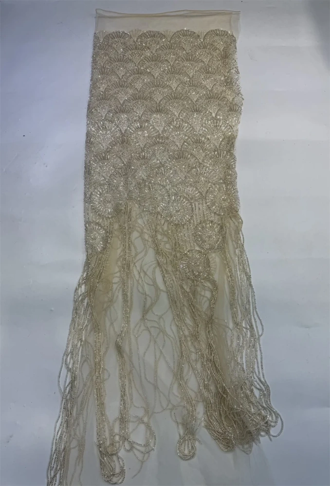 Handmade Heavyweight Fan-Shaped Fringed Bead Embroidery Net Lace with Sequins for Wedding Or Party Dress Hot-Selling Model