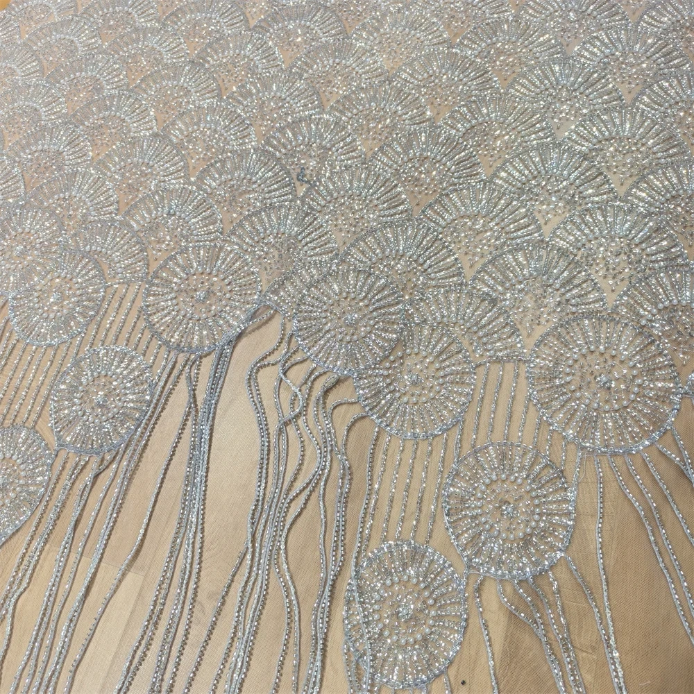 Handmade Heavyweight Fan-Shaped Fringed Bead Embroidery Net Lace with Sequins for Wedding Or Party Dress Hot-Selling Model