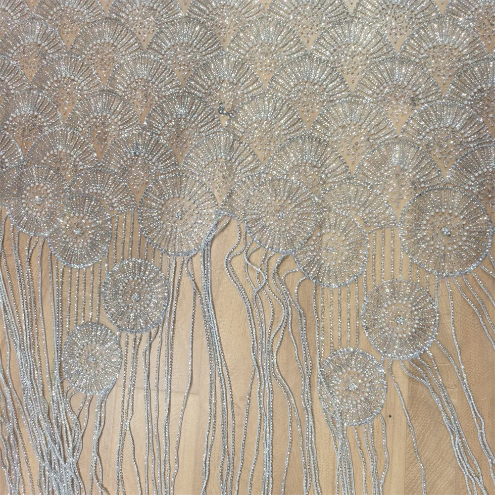 Handmade Heavyweight Fan-Shaped Fringed Bead Embroidery Net Lace with Sequins for Wedding Or Party Dress Hot-Selling Model