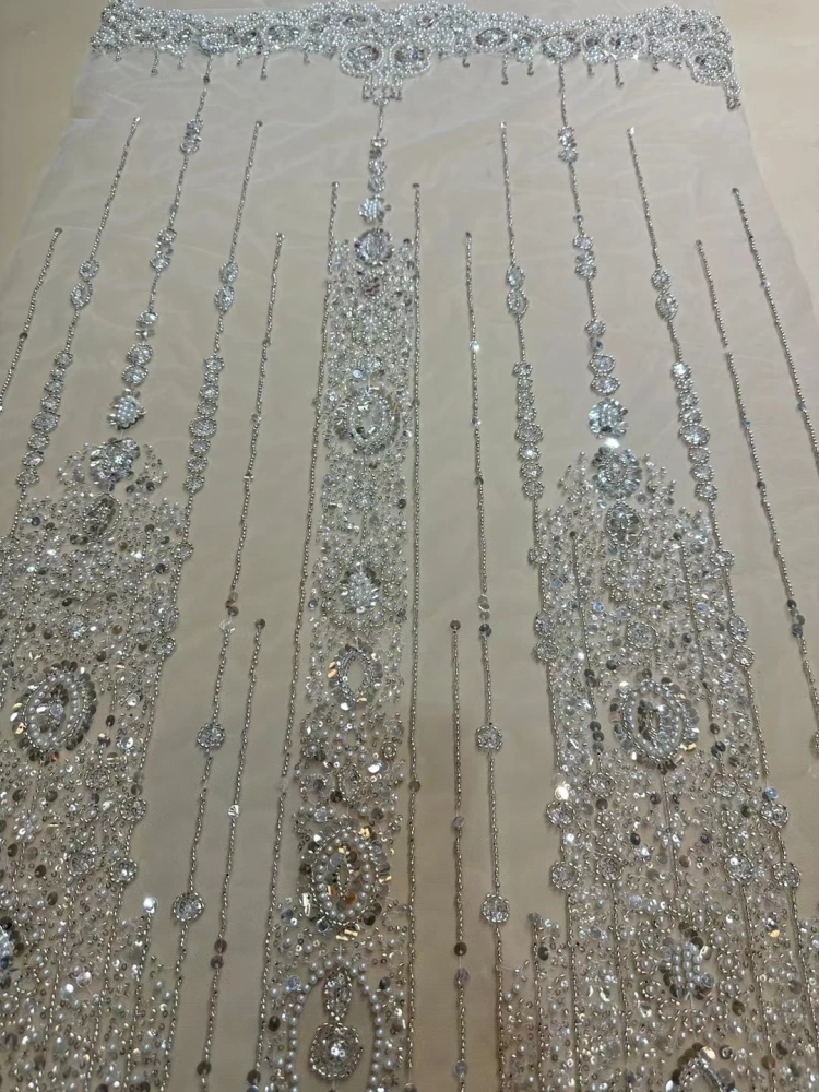 5Y 2023 Hot on Sale Unique Design Embroidery Net Lace Beads Sequins High Quality Fabric For Party Evening Dress