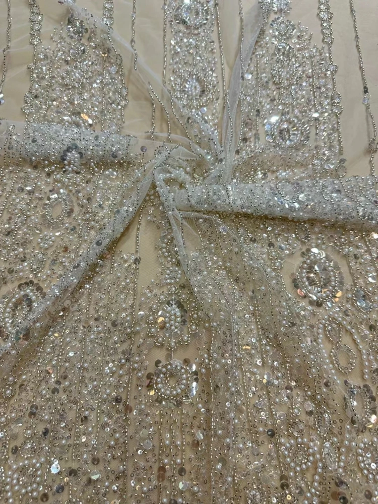 5Y 2023 Hot on Sale Unique Design Embroidery Net Lace Beads Sequins High Quality Fabric For Party Evening Dress