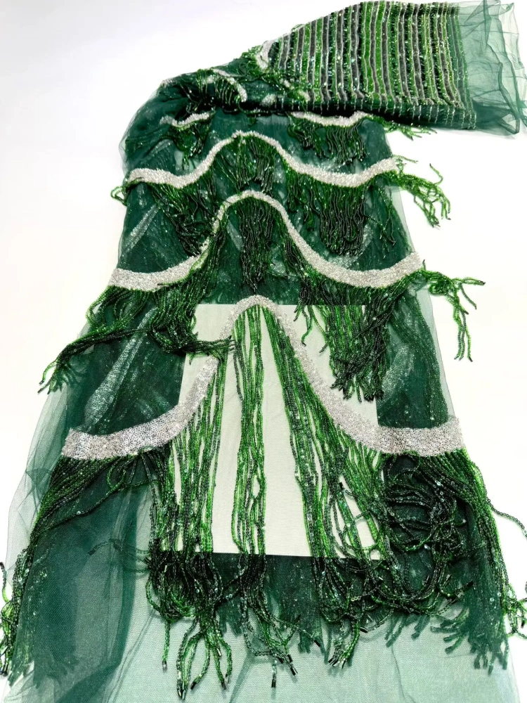 Green Tassels Handmade Embroidered Net Lace with Beads And Sequins High Quality Fabric for Party Evening Dress
