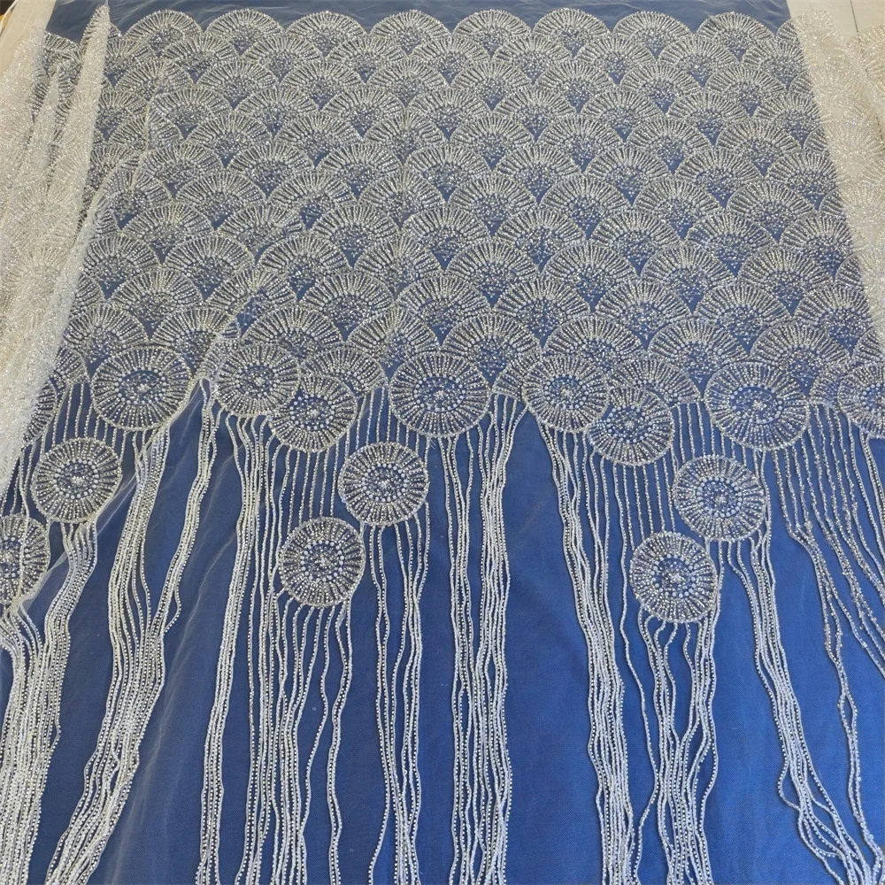 Handmade Heavyweight Fan-Shaped Fringed Bead Embroidery Net Lace with Sequins for Wedding Or Party Dress Hot-Selling Model