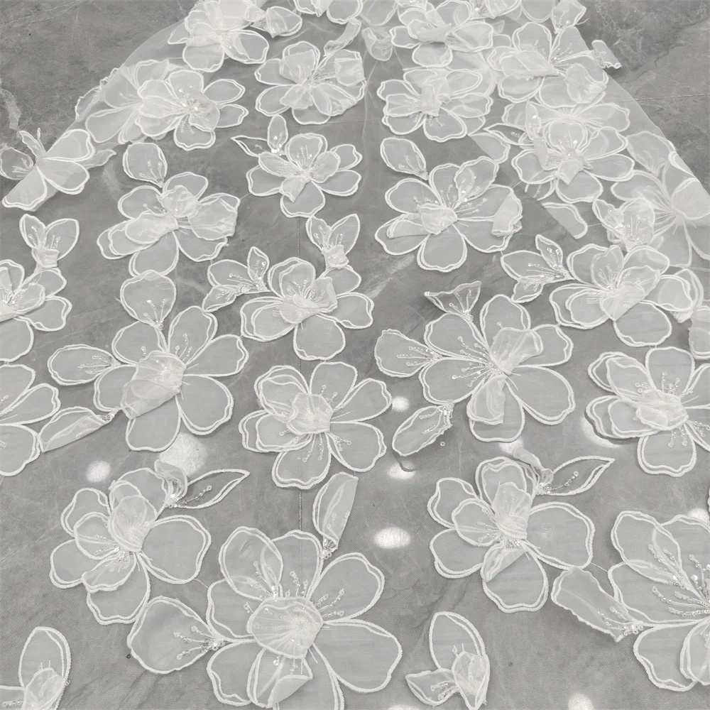 High-End Handmade White Embroidery Beads Net Lace with Sequins African Design for Wedding Or Party Dress Top Quality Hot Sale