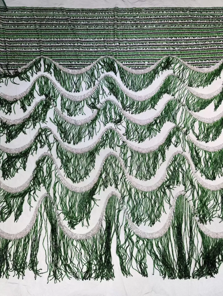 Green Tassels Handmade Embroidered Net Lace with Beads And Sequins High Quality Fabric for Party Evening Dress