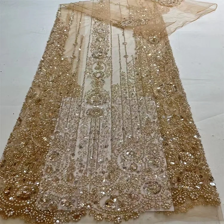 5Y 2023 Hot on Sale Unique Design Embroidery Net Lace Beads Sequins High Quality Fabric For Party Evening Dress
