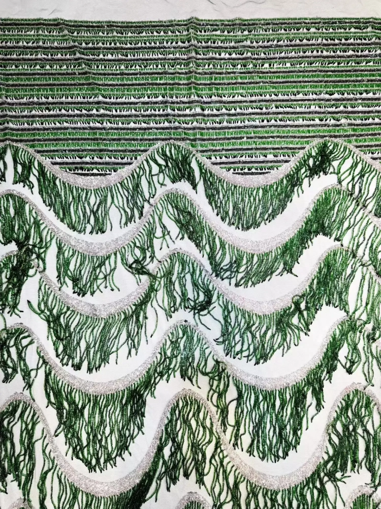 Green Tassels Handmade Embroidered Net Lace with Beads And Sequins High Quality Fabric for Party Evening Dress