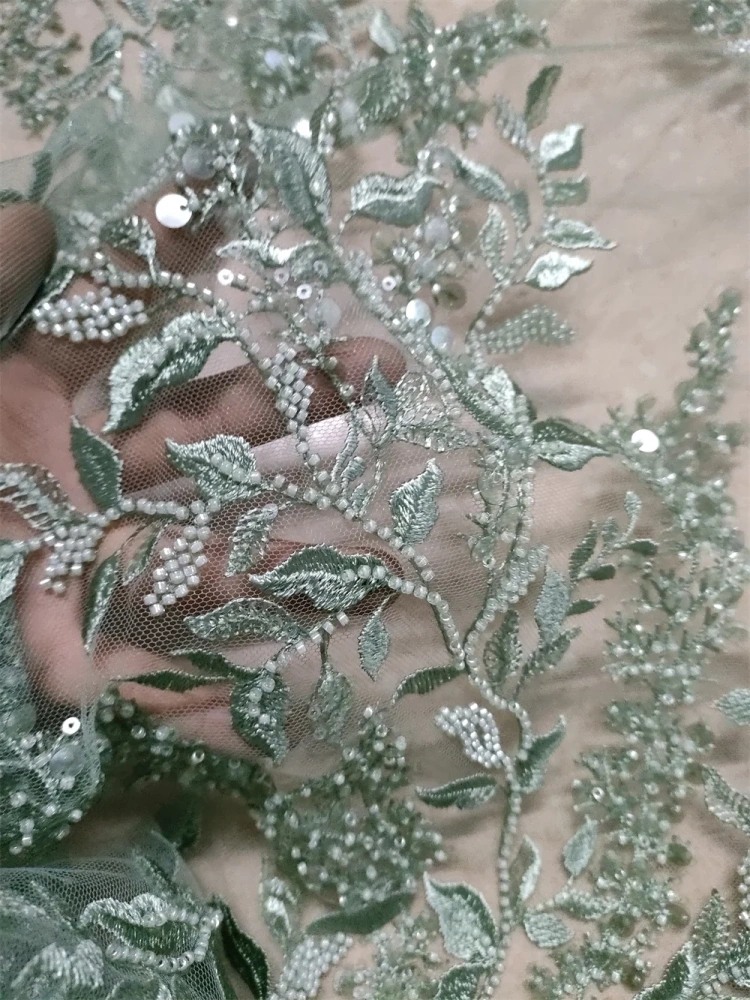 5Y French Popular Unique Design Embrordered Net Lace Beads Sequins Top Quality Fabric For Party Evening Dress