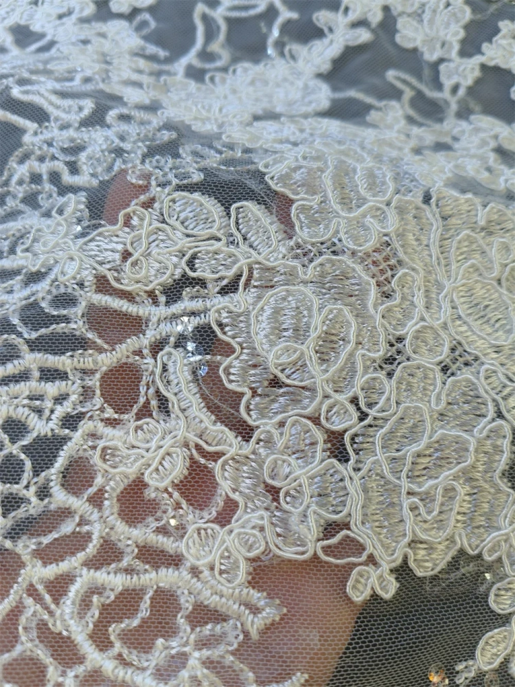 Hot Sale New High Quality  Fashion Design Lace Handmade Embroidery With Sequins For Wedding Dresses