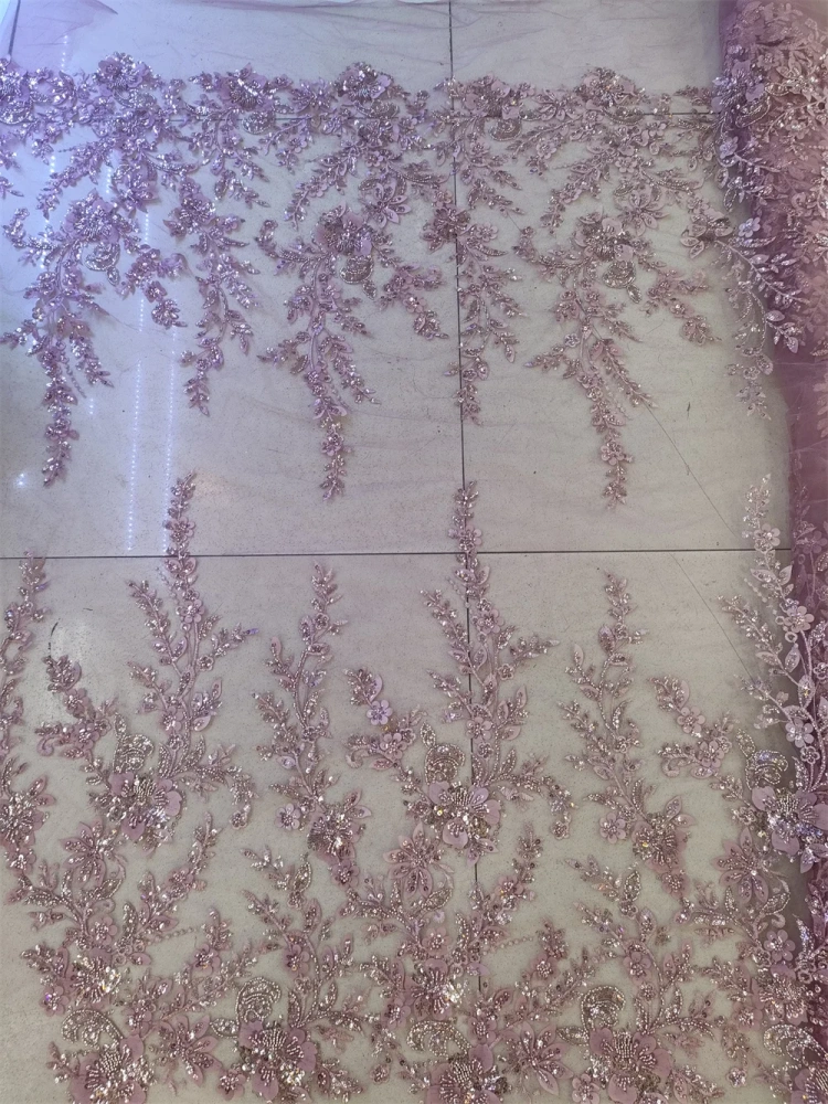 Handmade Embroidery Net Lace with Beads for Party Evening Dress, Purple Fashion, Exquisite Design