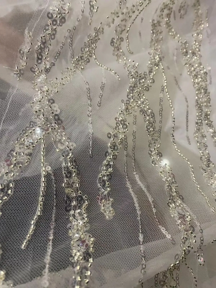 5Y Hot Sale French Popular Embrordered Net Lace With White Beaded Sequins  Fabric Lace With Sequins Party Evening Dress