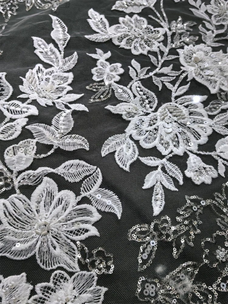 Hot Sale Unique Design Africa  Top Quality  Embroidery White Beads Net Lace Sequins   For Wedding or Party Dress